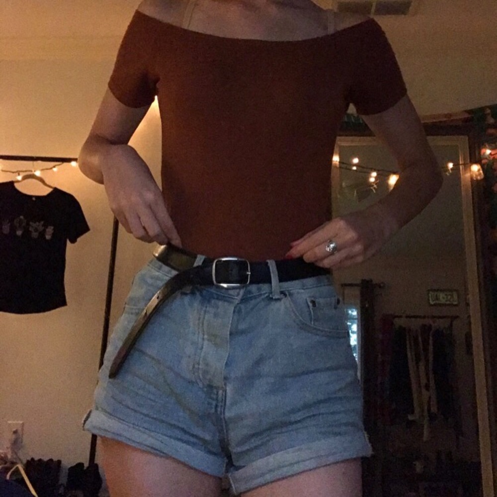 Rust colored off the shoulder body suit